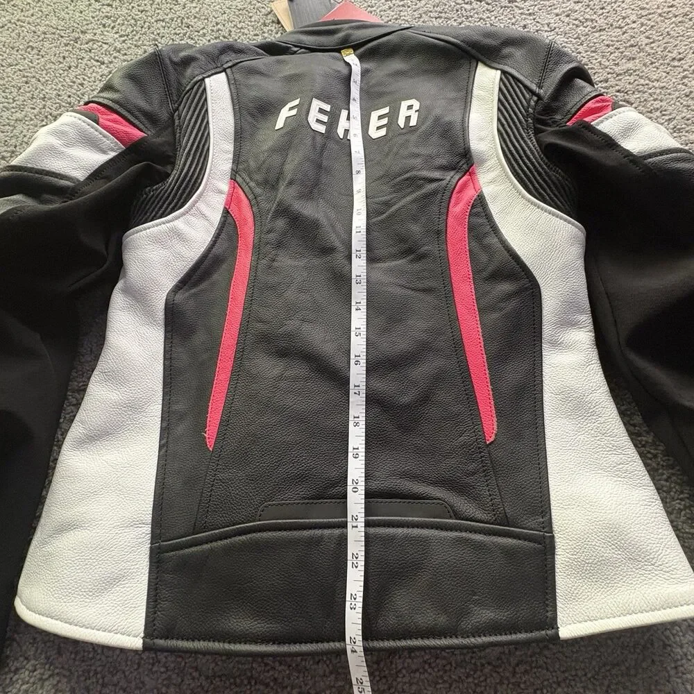 FEHER Racing WXL Womens Leather Motorcycle Jacket Armored Black Red White NWT